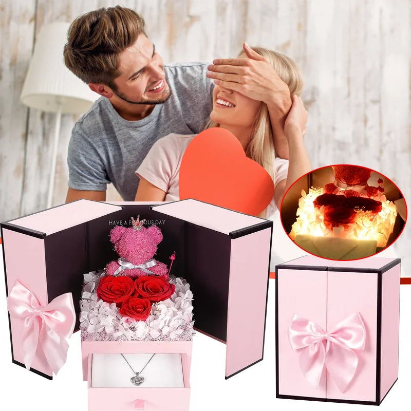 Real Preserved Rose and bear Jewellery Box with Surprise Gift