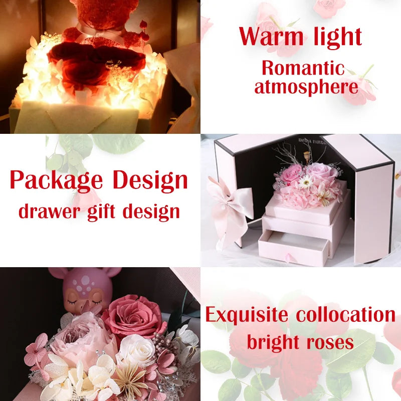Real Preserved Rose and bear Jewellery Box with Surprise Gift